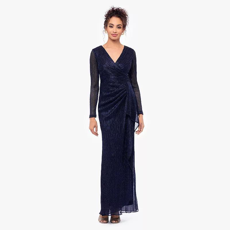 Womens BA Nites Galaxy Pleated Long Sleeve V-Neck Dress Blue Product Image