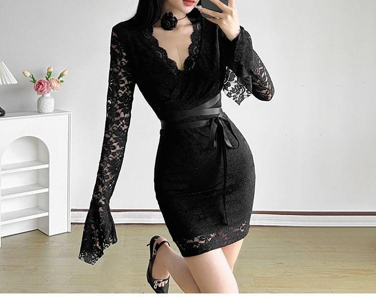 Long-Sleeve V-Neck Bow Lace Mini Sheath Dress Product Image