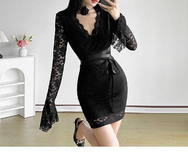 Long-Sleeve V-Neck Bow Lace Mini Sheath Dress Product Image