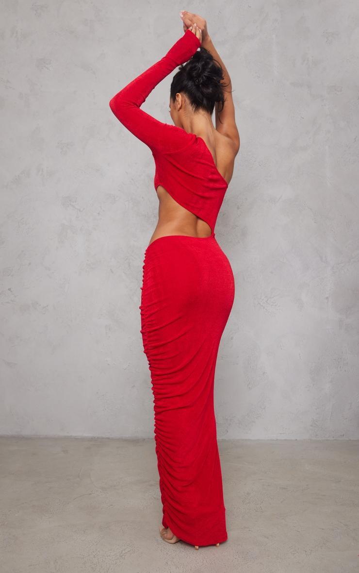 Red Acetate Slinky Cut Out One Shoulder Maxi Dress Product Image