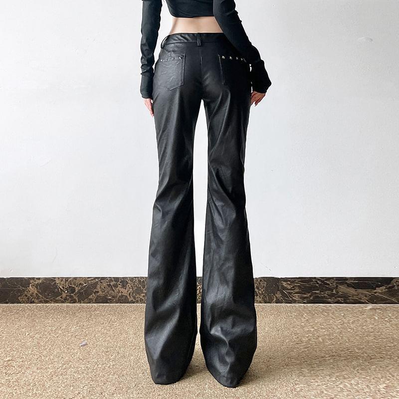 Mid Waist Faux Leather Flared Pants Product Image