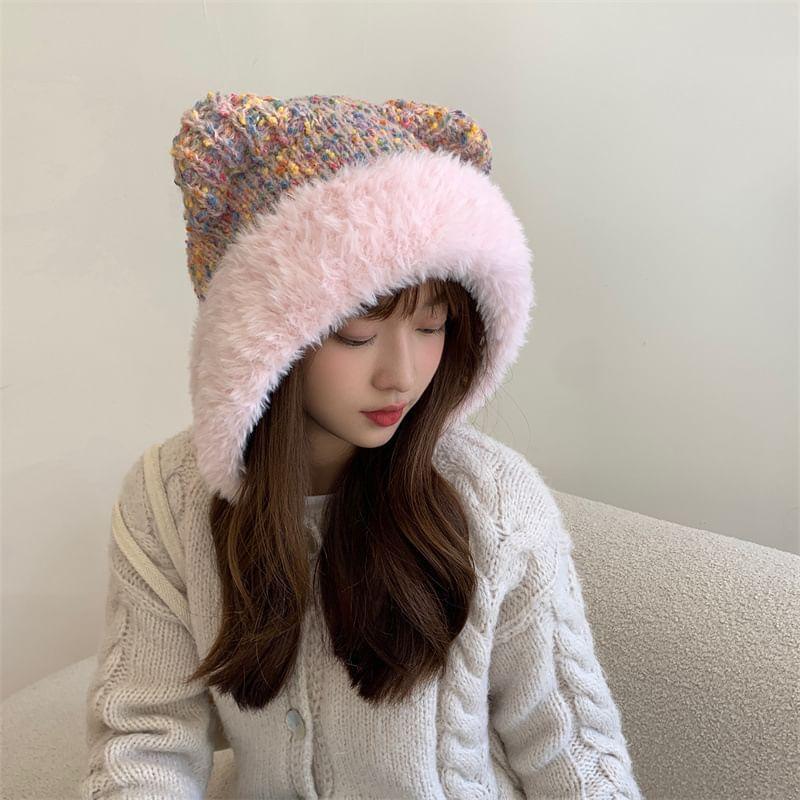 Bear Ear Melange Faux Fur Knit Hat Product Image