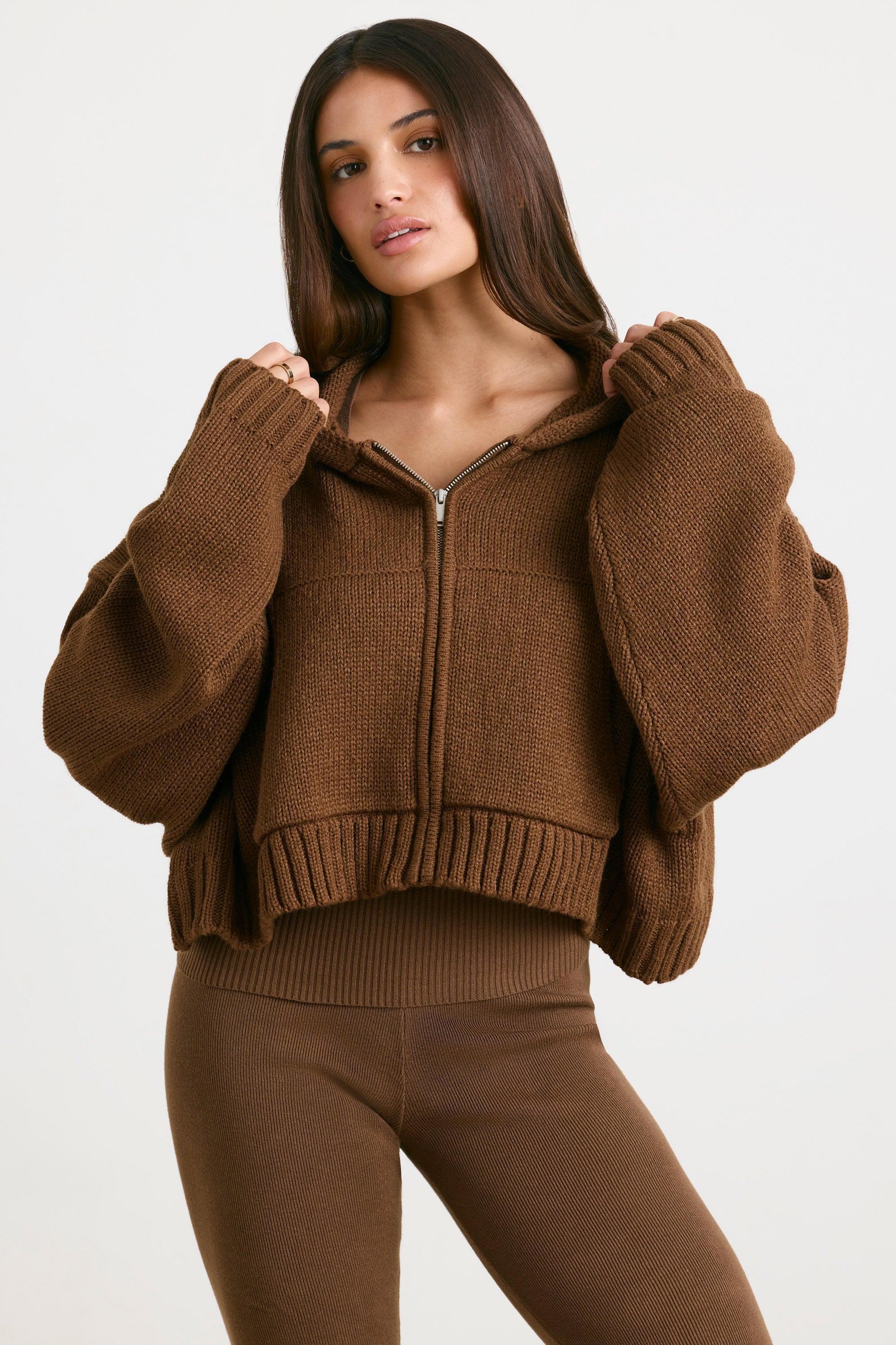 Cropped Zip Up Chunky Knit Hoodie in Espresso Product Image