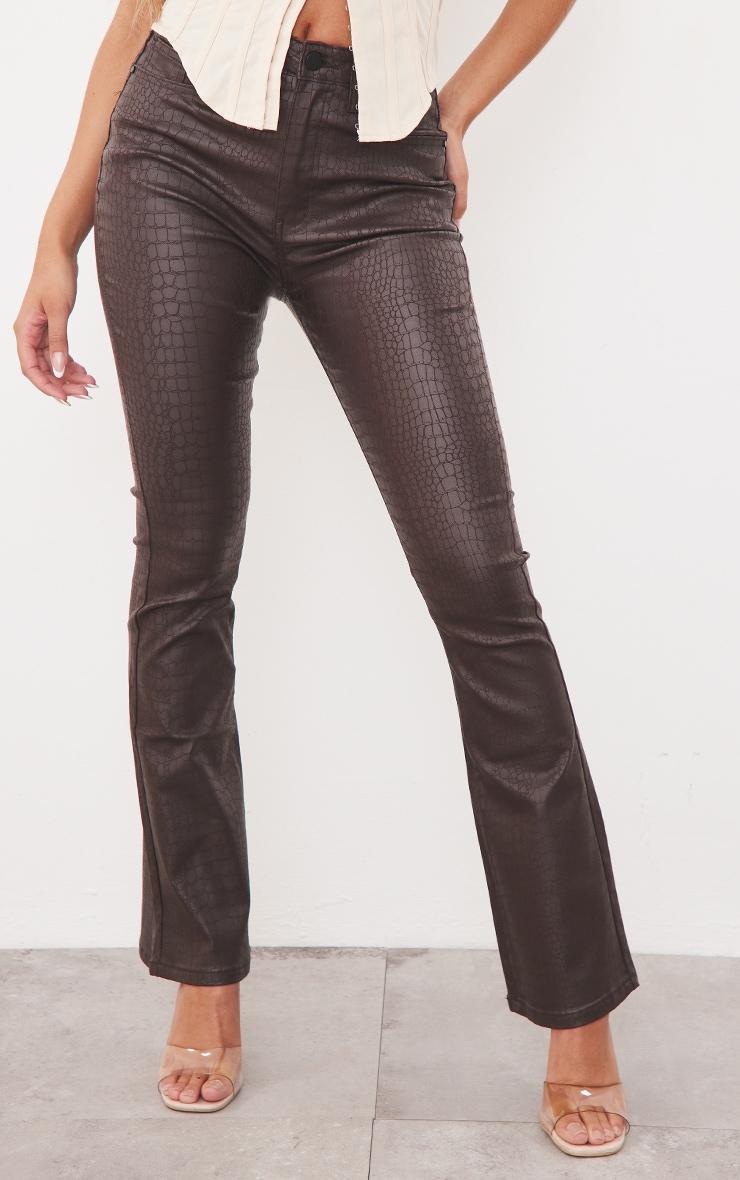 Chocolate Brown Croc Coated Denim Flared Jeans Product Image