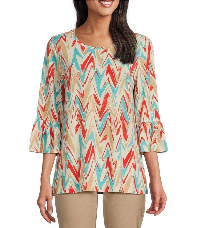 Multiples Slub Knit Abstract Print Scoop Neck 3/4 Ruffle Sleeve Top Product Image