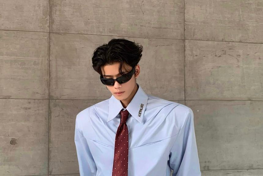 Long-Sleeve Button-Up Plain Shirt Product Image