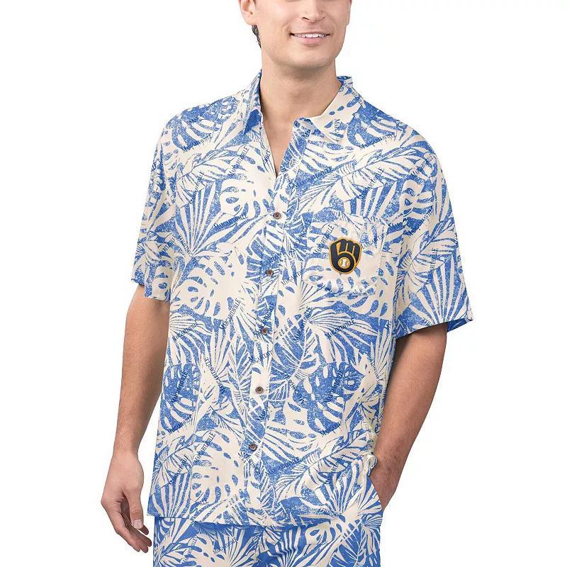 Mens Margaritaville Royal Milwaukee Brewers Monstera Print Party Button-Up Shirt Product Image