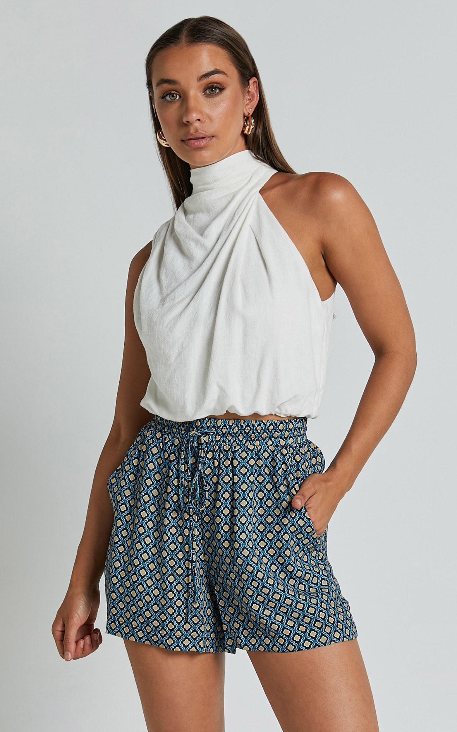 Brunita Shorts - High Waisted Tie Shorts in Tile Geo Product Image