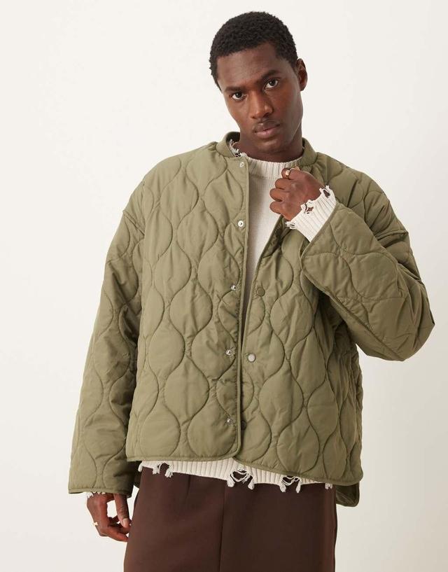 ASOS DESIGN oversized quilted liner puffer jacket in khaki Product Image