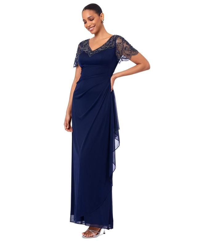 Xscape Womens Beaded Sheer-Sleeve Jersey Dress Product Image