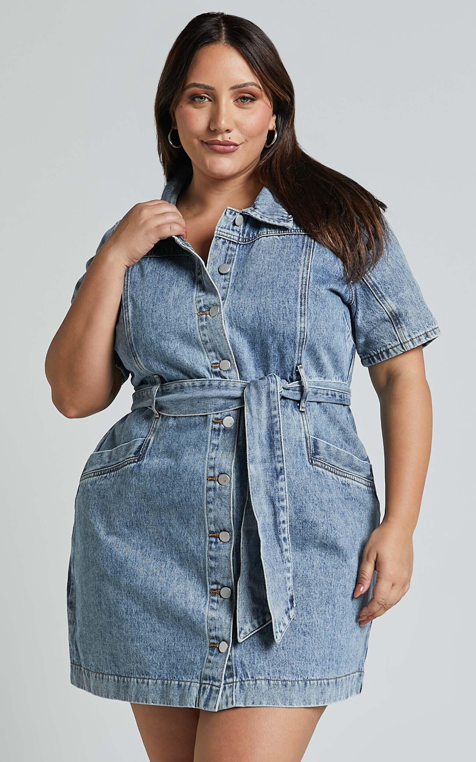 Aelicia Mini Dress - Button Through Denim Dress in Mid Blue Wash Product Image