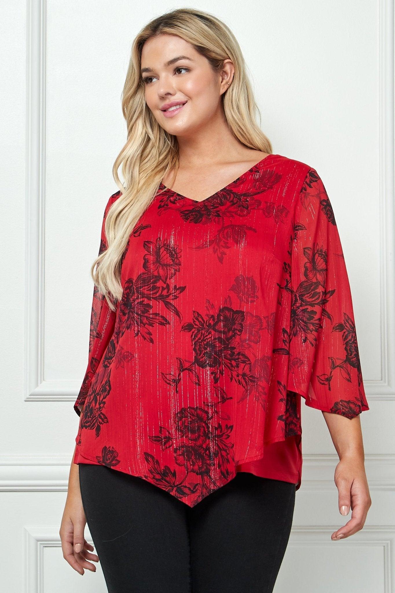 3/4 Sleeve Hanky Hem V-Neck Blouse- Plus Product Image