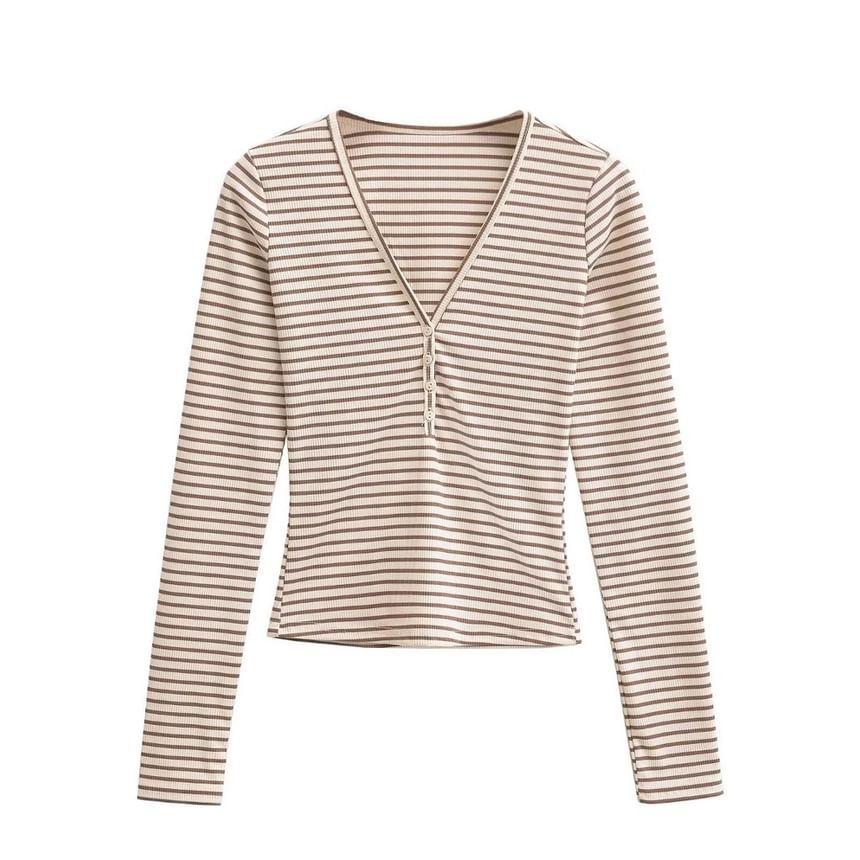 Long-Sleeve V-Neck Striped Tee Product Image