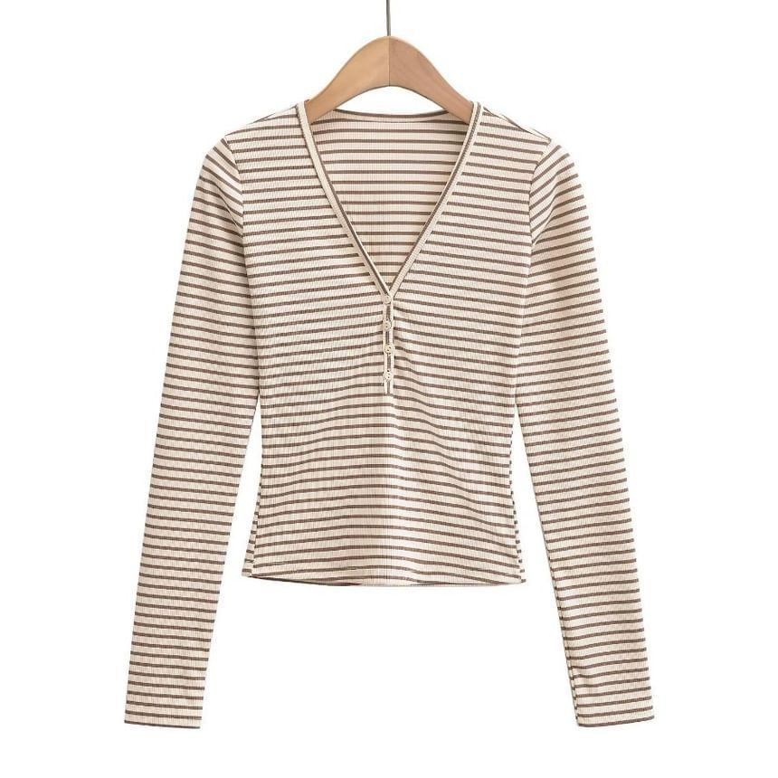 Long-Sleeve V-Neck Striped Tee Product Image