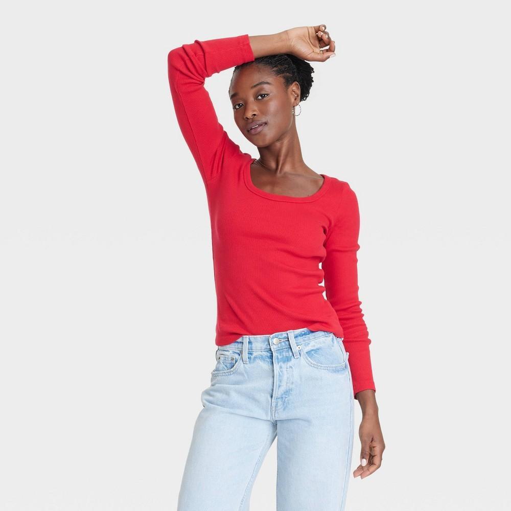 Womens Long Sleeve Rib Scoop Neck T-Shirt - Universal Thread Red M Product Image