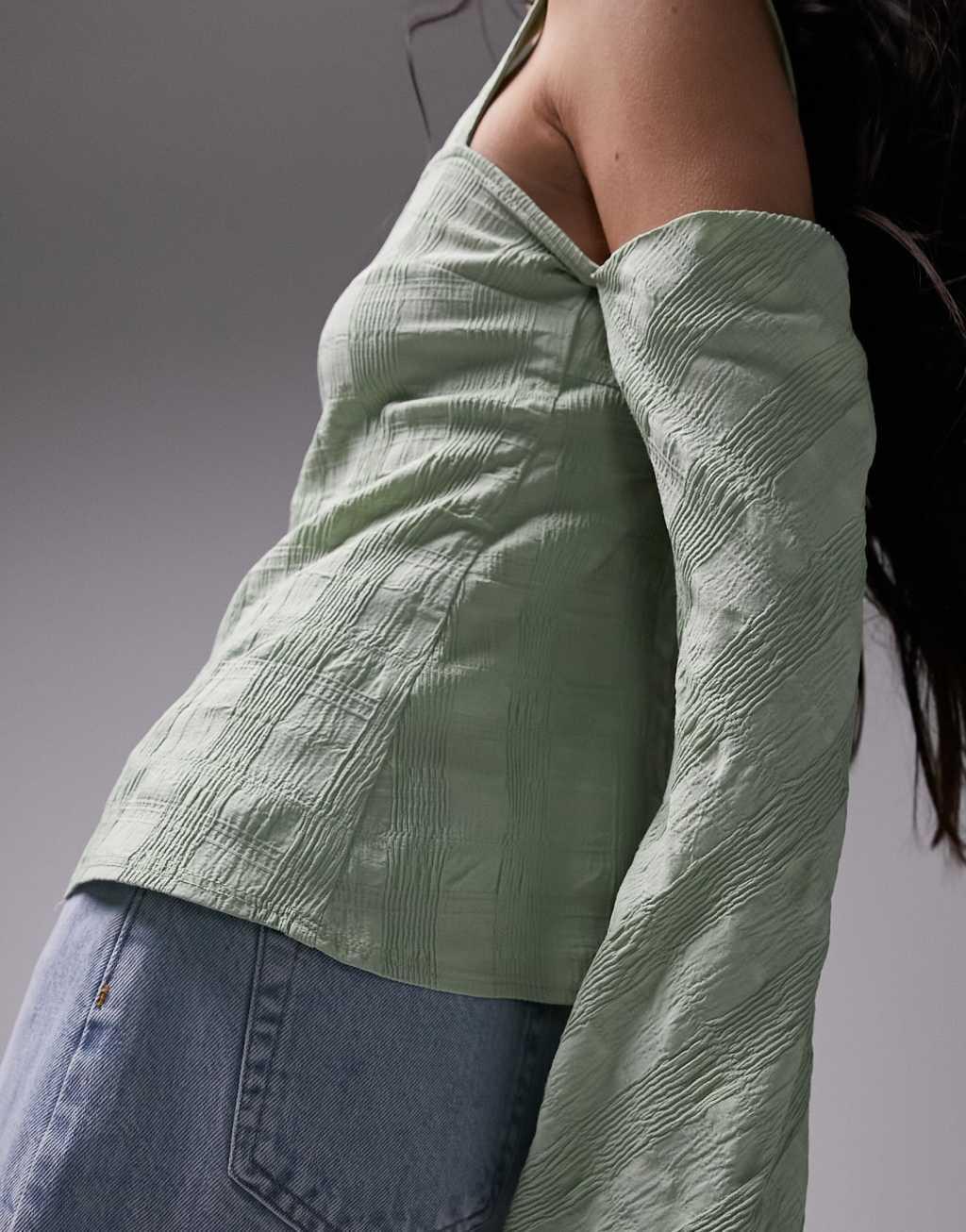 Topshop textured cold shoulder top in sage green Product Image