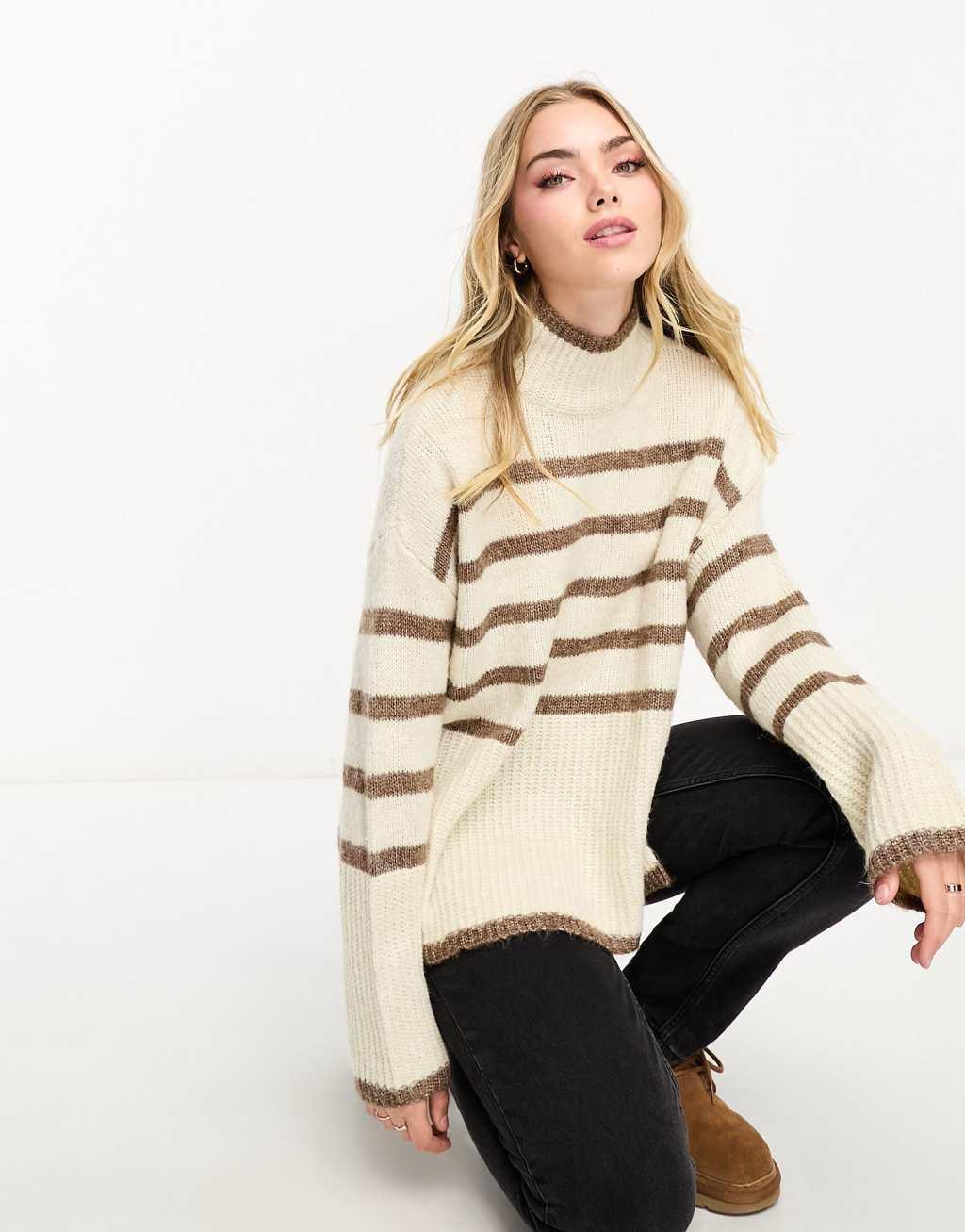 Vero Moda high neck oversized stripe sweater in cream and brown Product Image