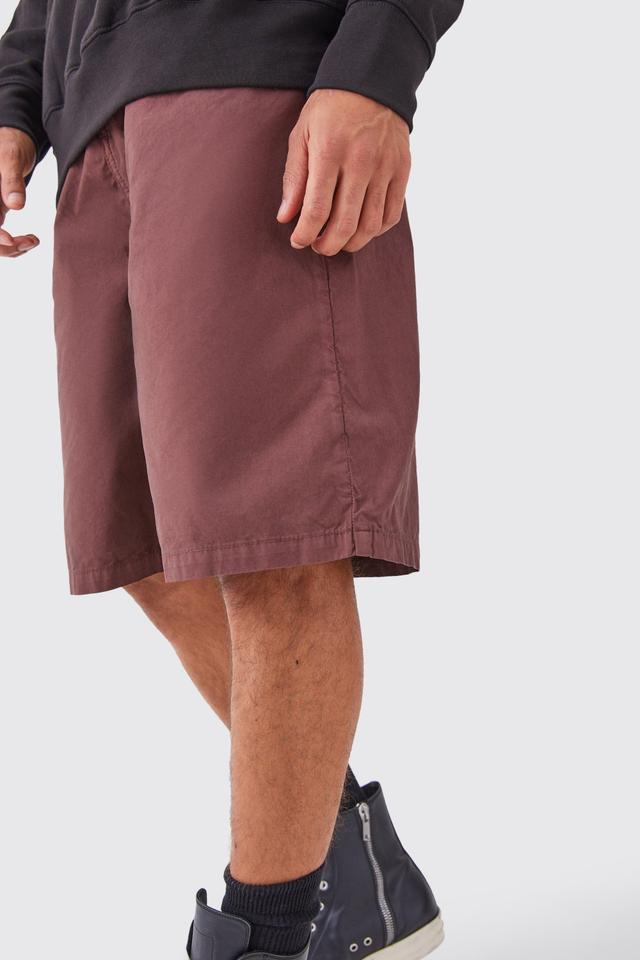 Mens Brown Fixed Waist Washed Longer Length Shorts, Brown Product Image