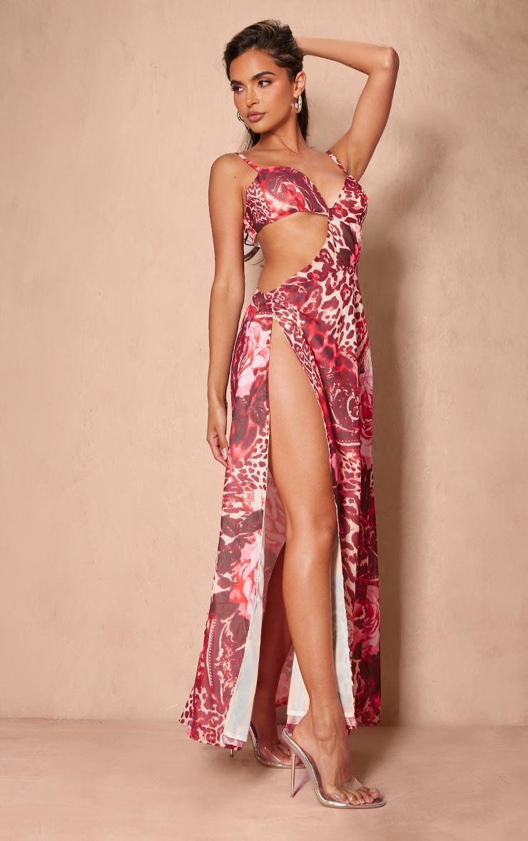 Pink Floral Print Chiffon Cami Cut Out Split Leg Maxi Dress Product Image