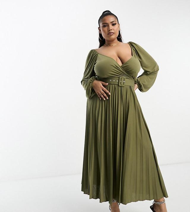 ASOS DESIGN Curve wrap front midi dress with pleat skirt and belt Product Image