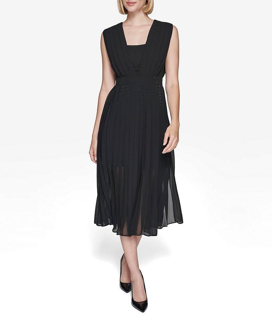 KARL LAGERFELD PARIS Pleated Chiffon Deep Square Neck Sleeveless Midi Dress Product Image