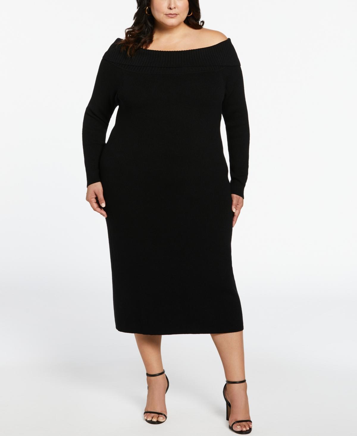 Ella Rafaella Plus Size Off-The-Shoulder Long Sleeve Sweater Dress Product Image