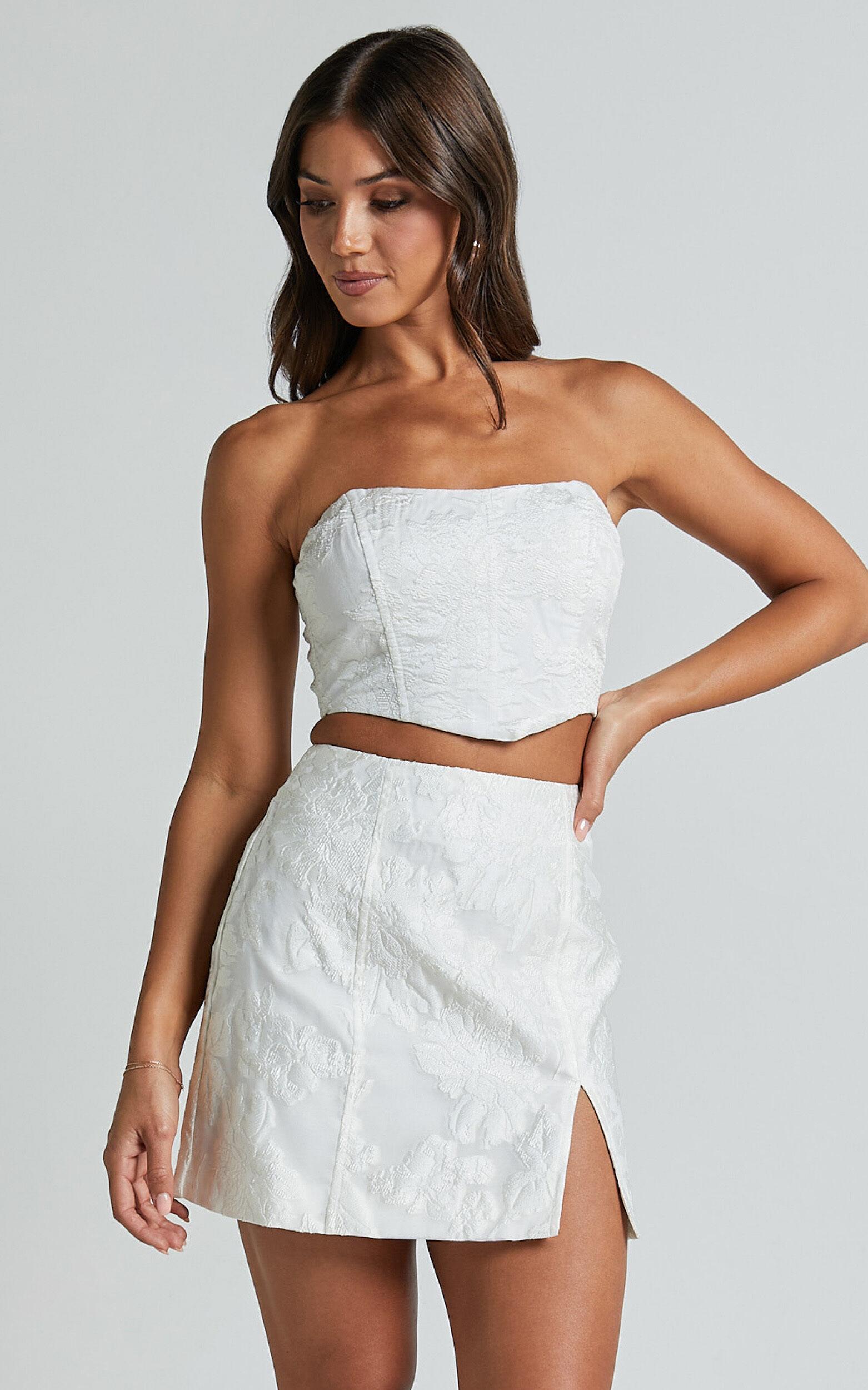 Brailey Mini Skirt - Split Jacquard Skirt in White Product Image