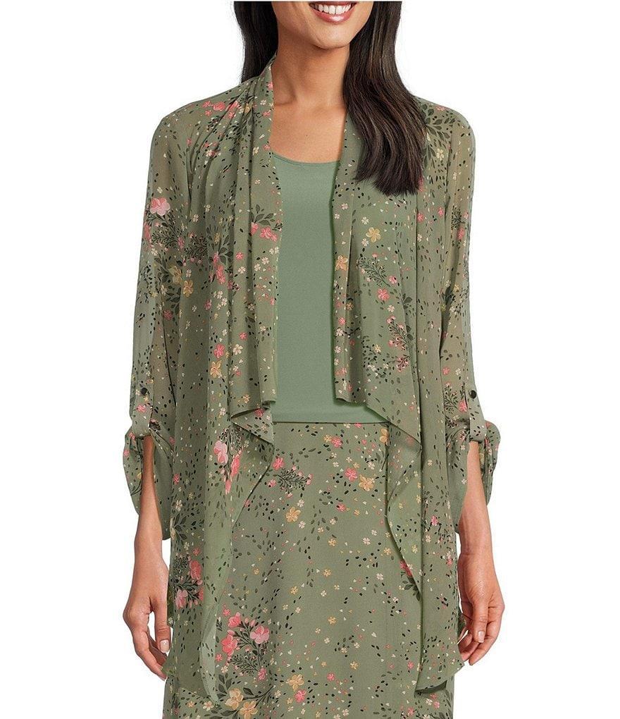 Investments Petite Size Soft Separates Floral Muse Open Front Roll-Tab Sleeve Coordinating Cardigan Product Image