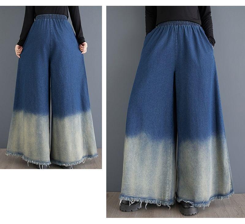 Elastic Waist Gradient Washed Frayed Wide Leg Jeans Product Image