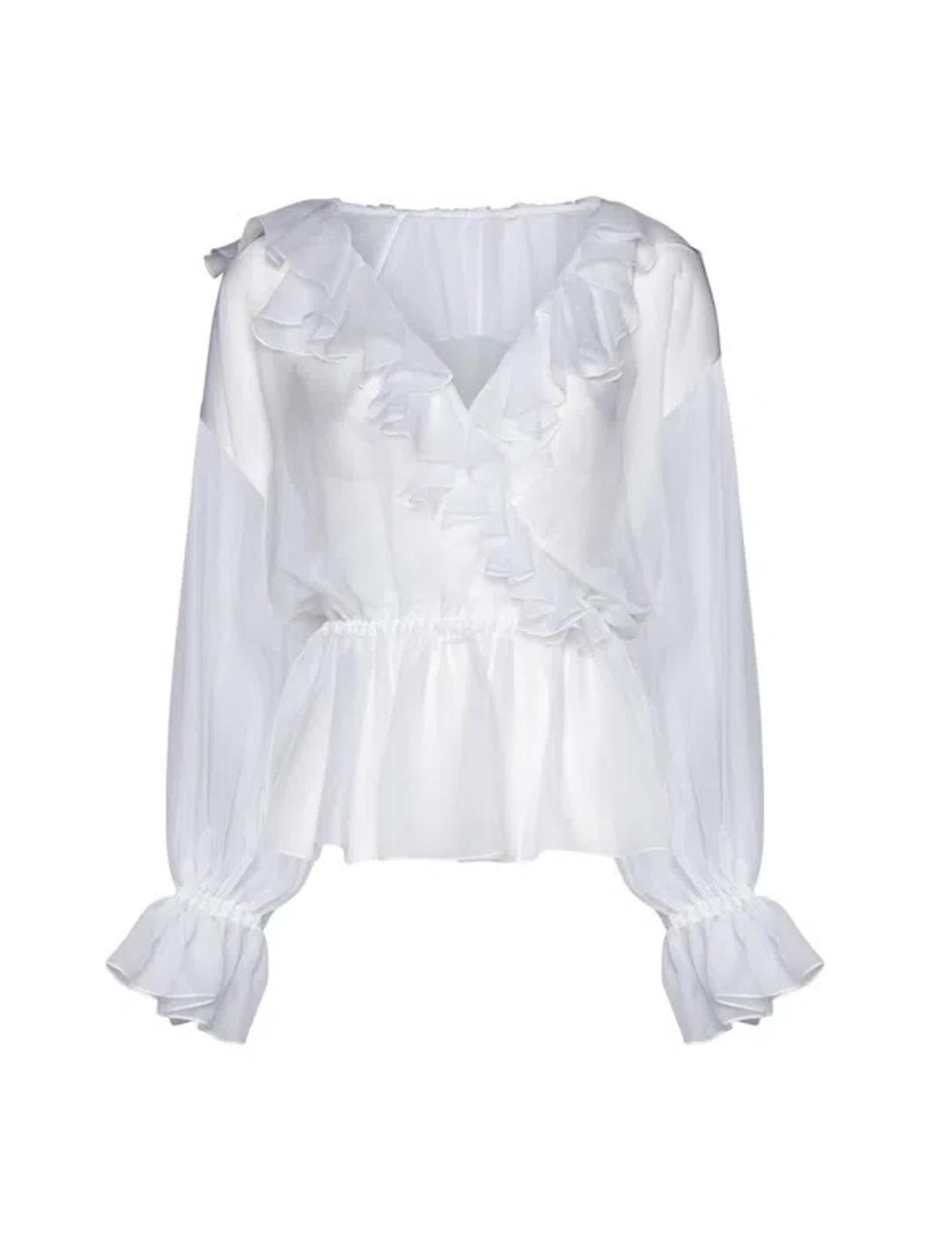 Ruffled Silk Blouse In White Product Image