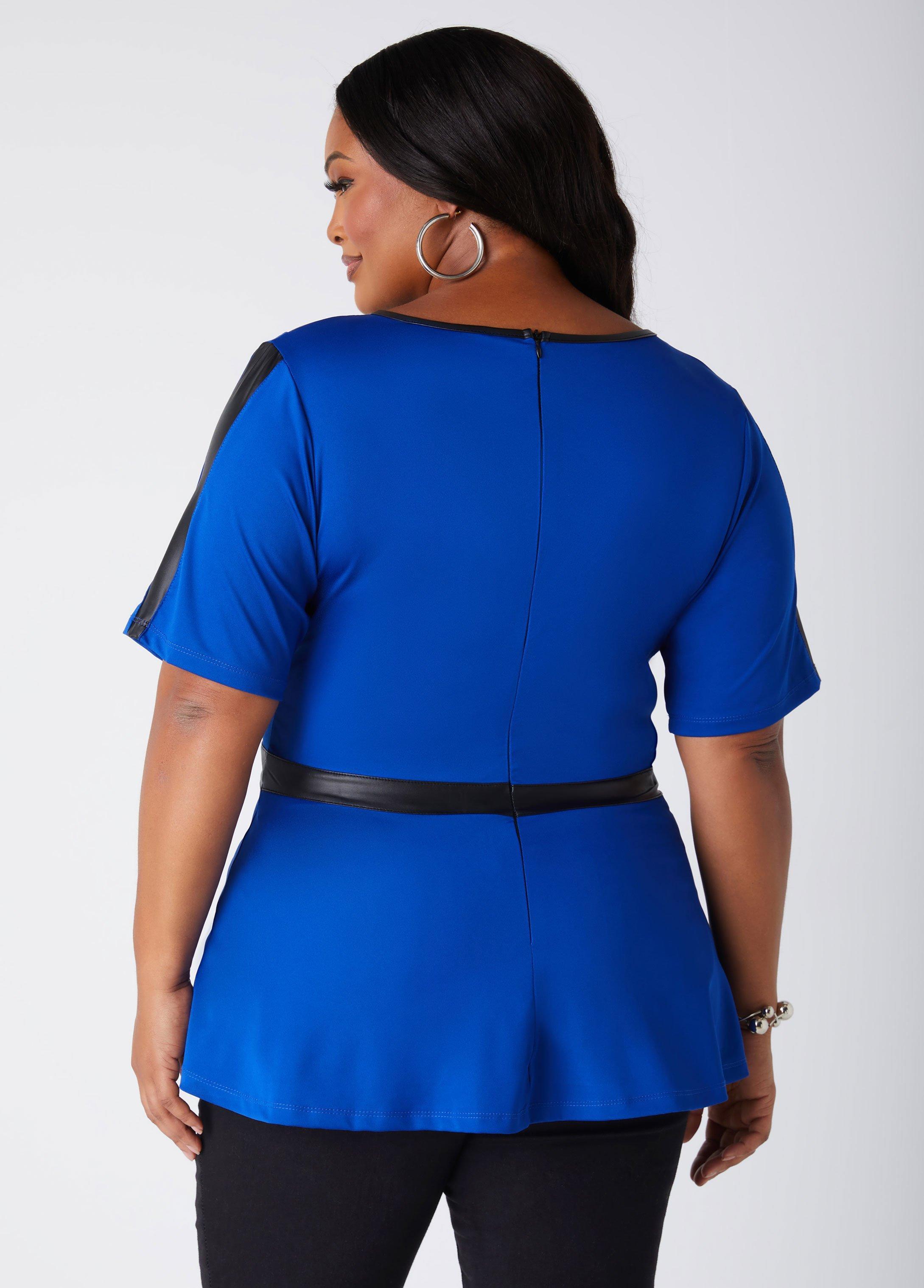 Plus Size Faux Leather Paneled Peplum Top Ashley Stewart Product Image