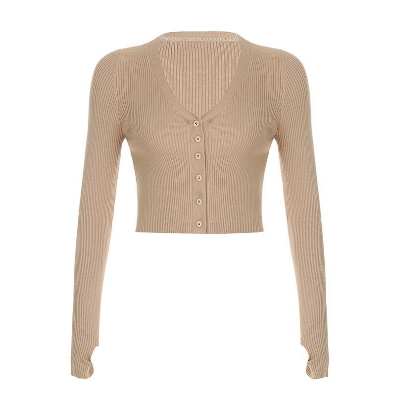 Long Sleeve V-Neck Plain Ribbed-Knit Slim-Fit Crop Cardigan Product Image