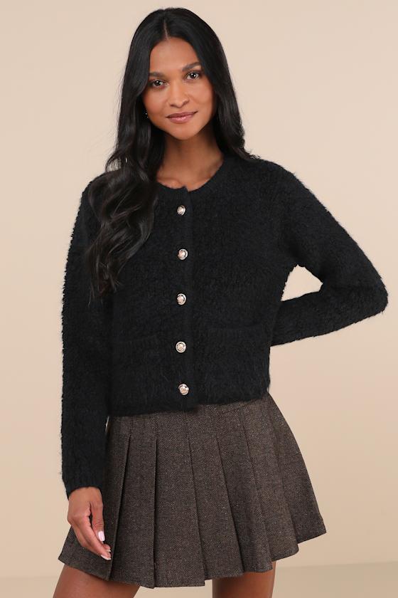 Myrtle Black Fuzzy Teddy Cropped Collarless Cardigan product image