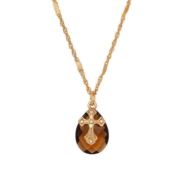 Symbols Of Faith Gold Tone Crystal Oval Drop Cross Necklace, Womens, Brown Product Image