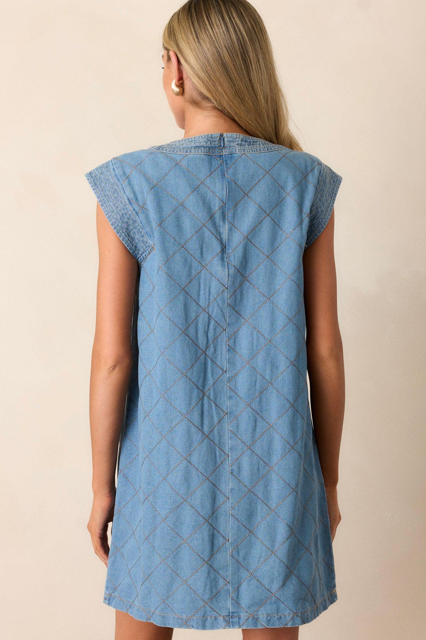 Just Wondering Light Chambray Quilted Mini Dress Product Image