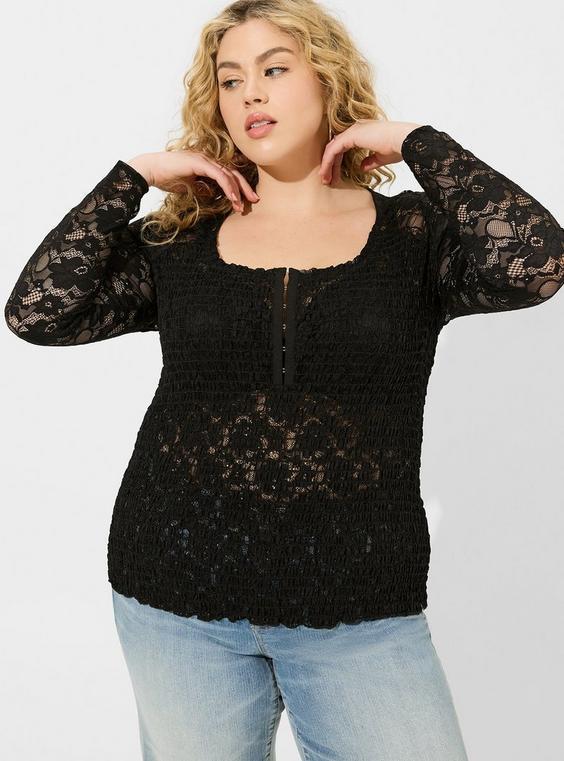 Smocked Stretch Lace Scoop Henley Top Product Image