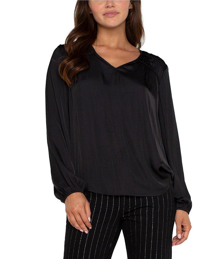 Liverpool Los Angeles V-Neck Pleated Long Sleeve Blouse Product Image