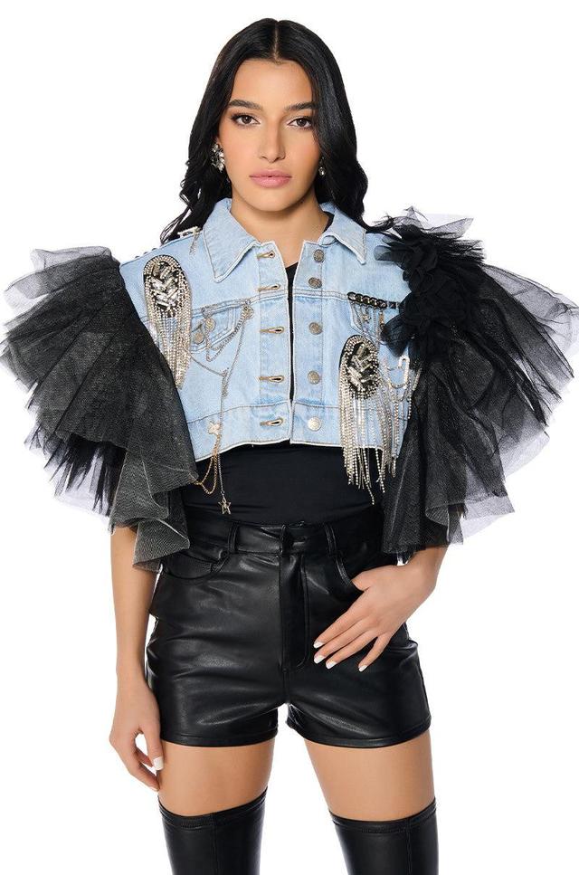 BEBE LUXE EMBELLISHED DENIM AND TULLE CROP VEST Product Image