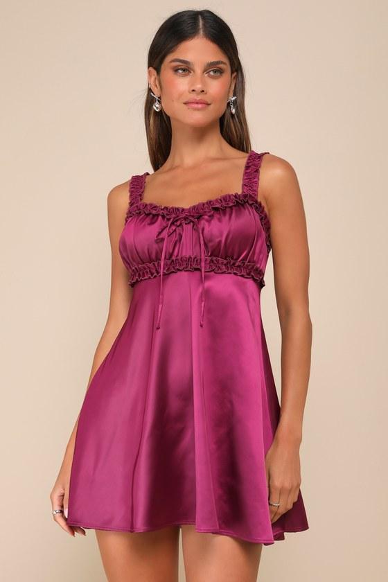 Decidedly Beloved Plum Satin Ruffled Skater Mini Dress Product Image