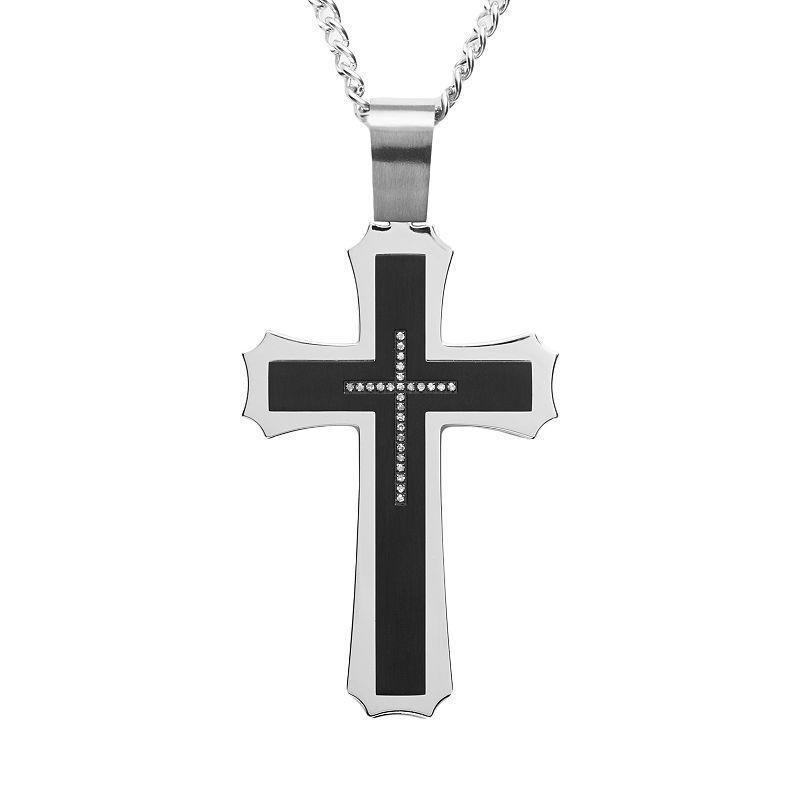 Stainless Steel and Black Immersion-Plated Stainless Steel Cubic Zirconia Cross Pendant - Men, Mens White Product Image