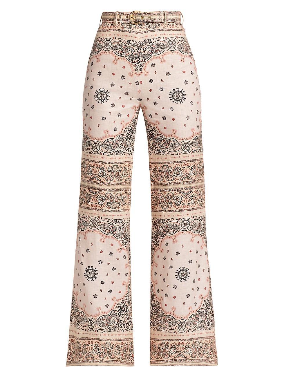 Zimmermann Paisley Print Belted High Waist Linen Wide Leg Pants product image