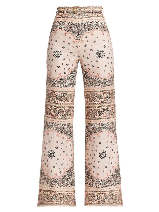 Zimmermann Paisley Print Belted High Waist Linen Wide Leg Pants Product Image