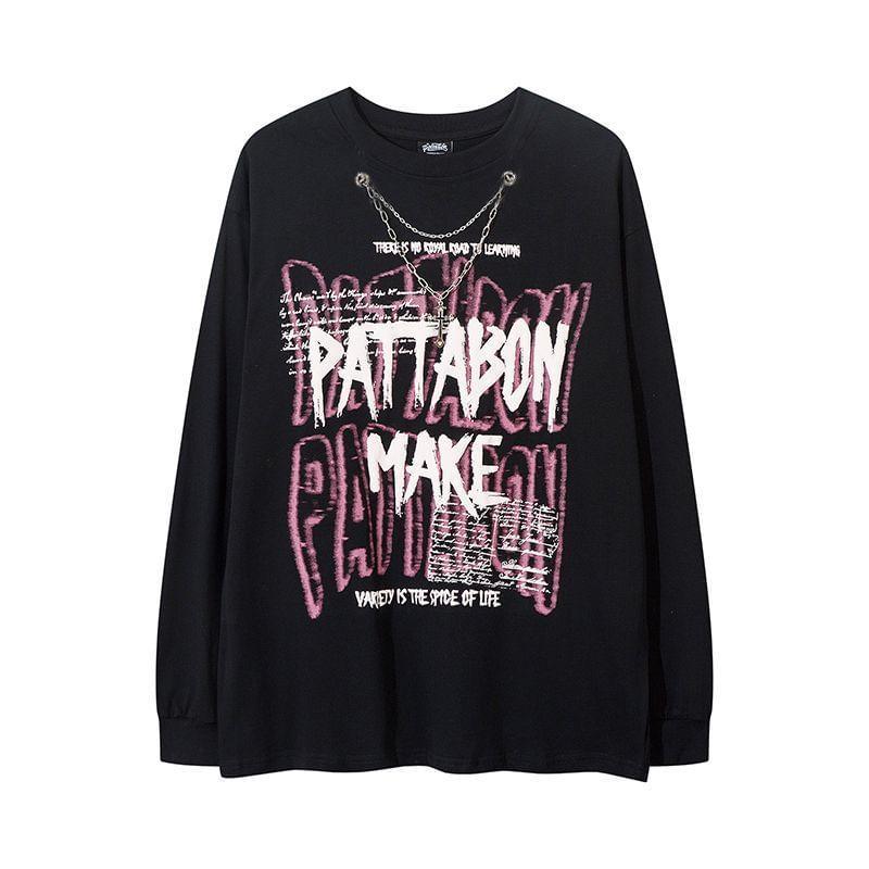 Long Sleeve Round Neck Lettering Printed Oversized Tee product image