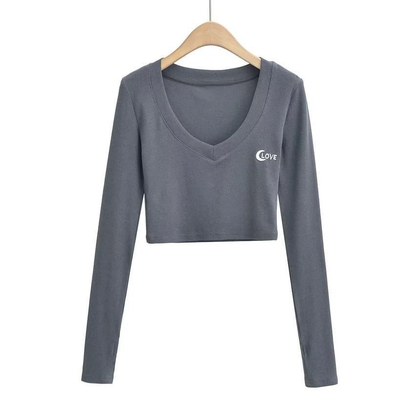 Long-Sleeve V-Neck Letter Embroidered Cropped Tee Product Image