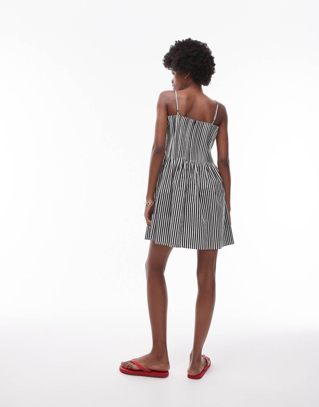 Topshop strappy pleated mini sundress in black and white stripe Product Image