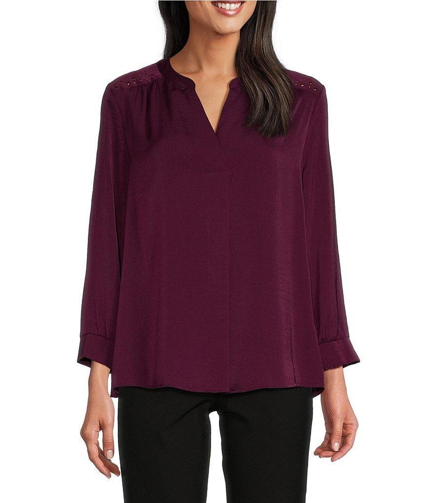 Investments Woven Inverted Pleat V-Neck 3/4 Sleeve Embellished Top Product Image