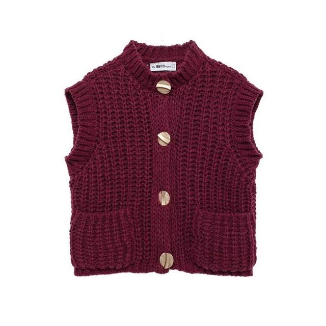 Plain Pocket Detail Chunky Knit Single-Breasted Sweater Vest Product Image