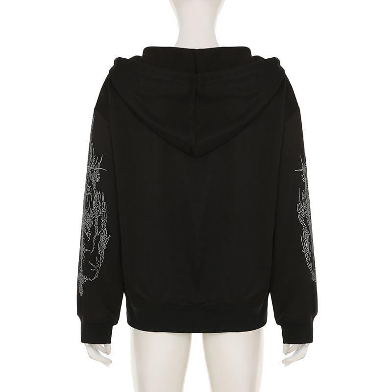 Drawstring Drop Shoulder Print Zip Hoodie Product Image