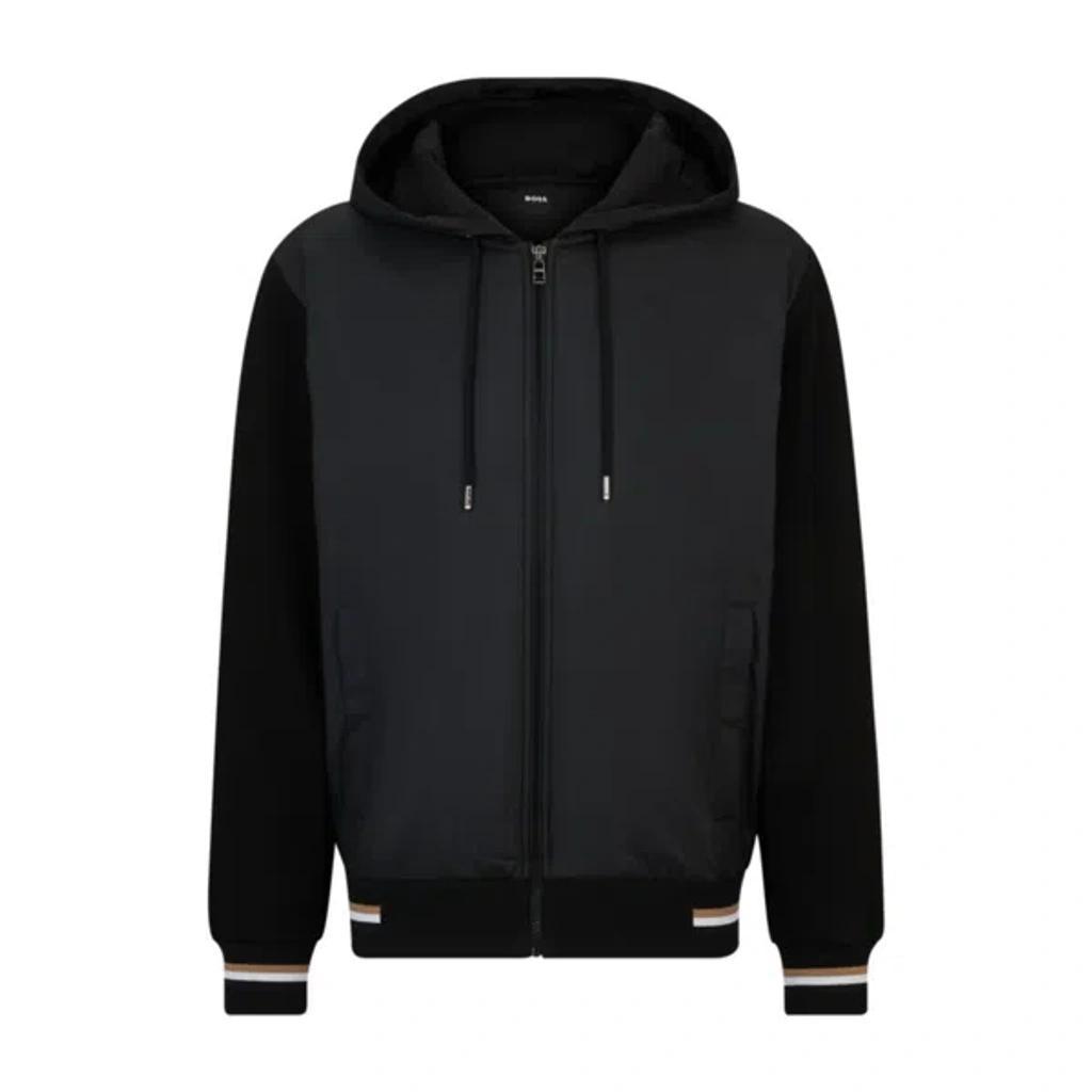 HUGO BOSS Mixed-material Zip-up Hoodie With Signature-stripe Trims In Black Product Image