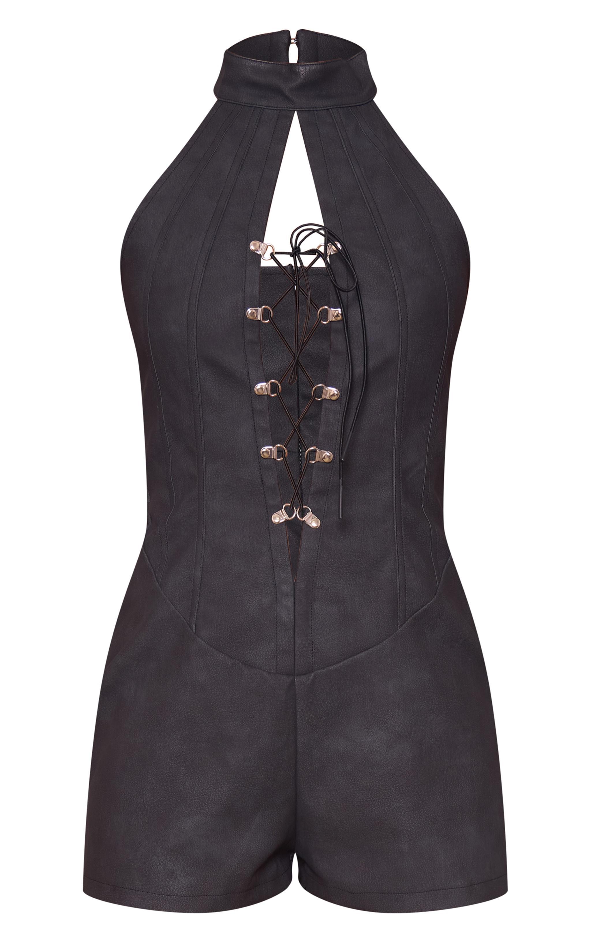 Black Faux Leather Lace Up Halterneck Romper Product Image